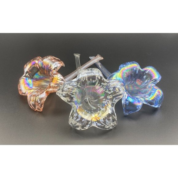 Tiger Lily Flower Vase Art Glass Laying Down 8” Hand Blown Iridescent Set Of 3 - Picture 1 of 8